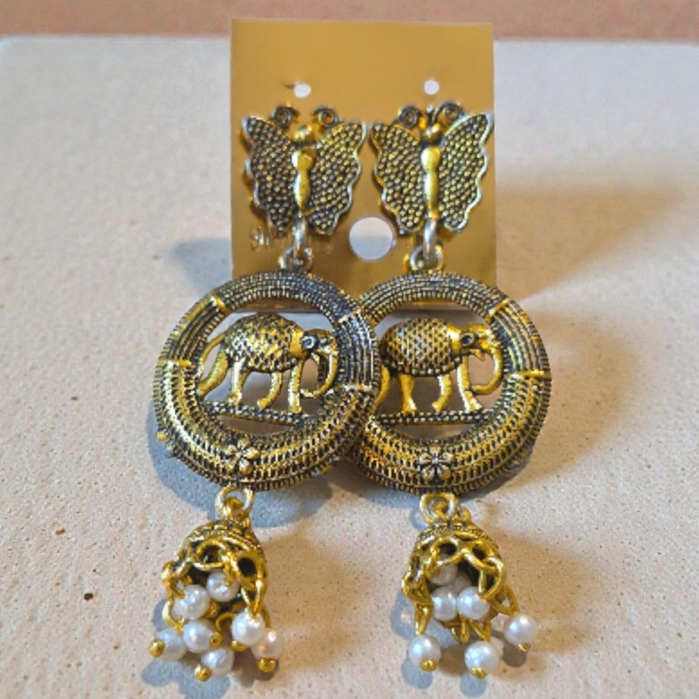Indian Jhumka Elephant And Pearl Drop Earrings